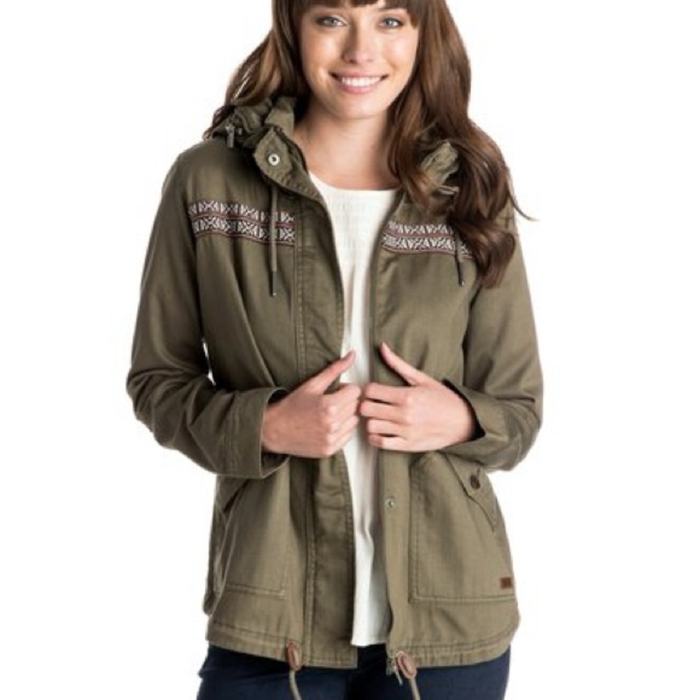 Roxy Women's Army Green Coat with Hidden Hood - Size Medium